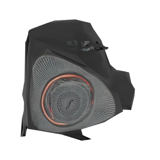 3D model of a futuristic speaker grill with a detailed mesh pattern and a glowing orange inner ring, set against a black back