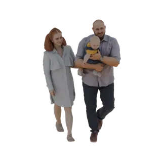 3D model of a father holding a baby, walking with a mother beside him.