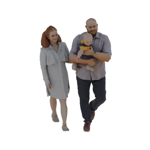 3D model of a father holding a baby, walking with a mother beside him.