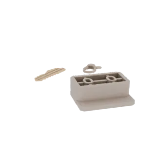 3D-Render eines beigen modularen Verbinder-Blocks mit einem kleinen Schlüssel und einem U-förmigen Clip, isoliert auf weißem