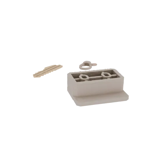 Rendu 3D d'un bloc connecteur modulaire beige avec une petite clé et un clip en forme de U, isolé sur fond blanc.