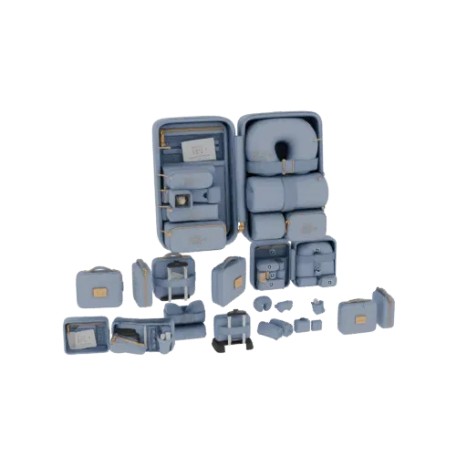 3D model of an open luxury travel set in blue with gold accents, showing a suitcase filled with neck pillow, blankets, and po