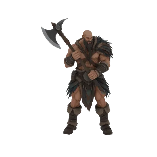 3D model of a fierce Viking warrior with a large battle axe, wearing fur-trimmed armor and a beard.