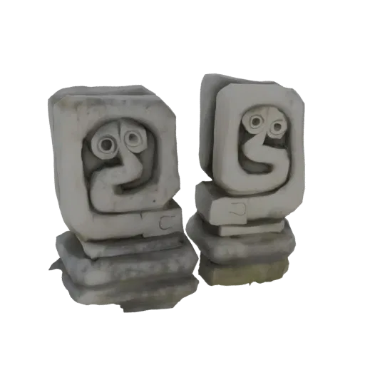 3D model of two ancient stone idols with stylized faces, weathered texture, standing on layered bases.