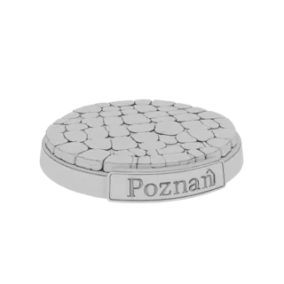 Modello 3D di una base rotonda con texture a ciottoli e iscrizione 'Poznań' sul lato.