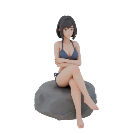 Modelo 3D de chica en bikini azul sentada sobre roca gris, con piernas cruzadas y brazos entrelazados.