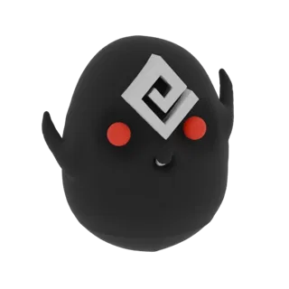 3D render of a cute black blob creature with red eyes and a white swirl emblem on its forehead, isolated on a white backgroun
