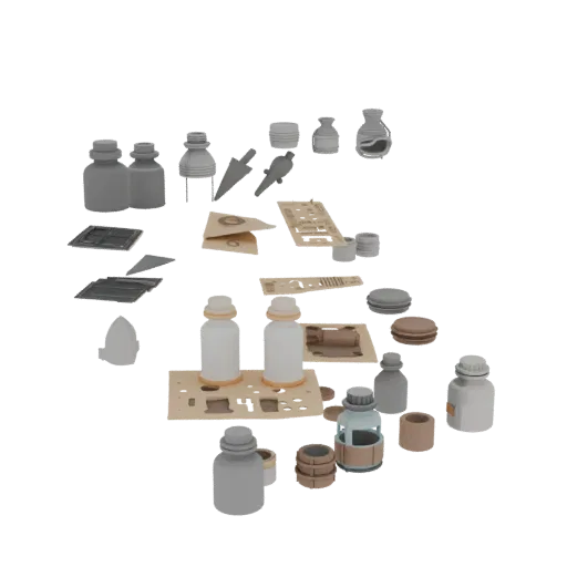Workshop Bottle Group Printable 3D model, isometric STL render, showing paper-like cards, small readable forms.