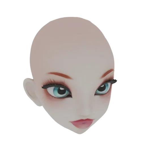 3D render of a stylized female doll head with large cyan eyes, dark lashes, and pink lips, against a white background.