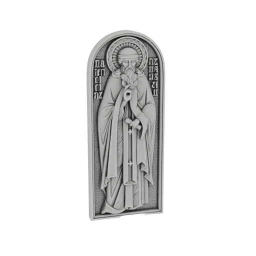 3D model of an Orthodox saint depicted in a bas-relief plaque with an arched top and intricate details.