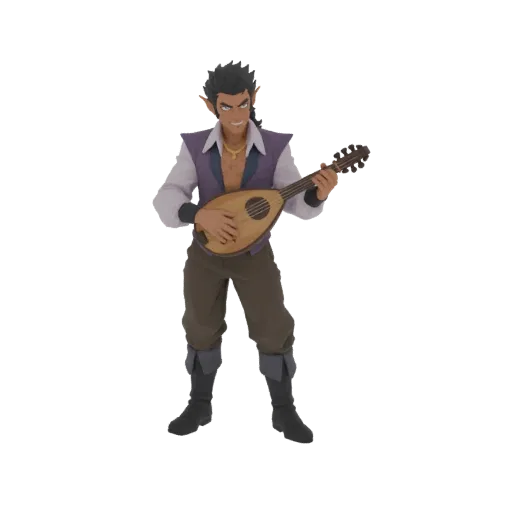 3D model of a male Elf Bard with pointed ears, playing a lute, wearing a purple vest and brown trousers.