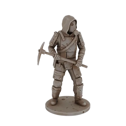 3D model of a post-apocalyptic miner wearing a gas mask and holding a pickaxe, standing on a circular base.