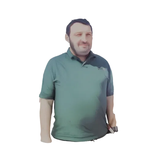 3D model of a man wearing a green polo shirt, standing with a neutral expression.