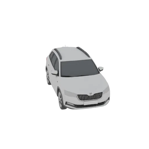 Uma renderização 3D de um Skoda Kodiaq SUV branco, vista de um ângulo frontal-direito ligeiramente elevado contra um fundo br