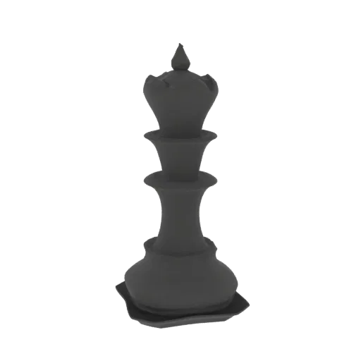 Uma renderização 3D de uma peça clássica de rainha de xadrez, representada em material cinza neutro contra um fundo preto.