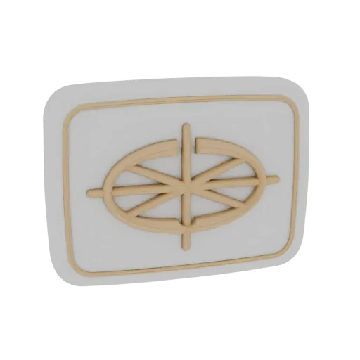 3D render of an ornate golden emblem with a detailed elliptical frame and radiating internal design elements, set against a w