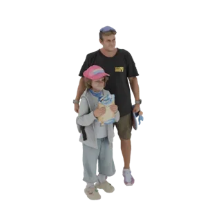 Modèle 3D d'un père souriant tenant un skateboard à côté de son enfant, qui tient une collation.