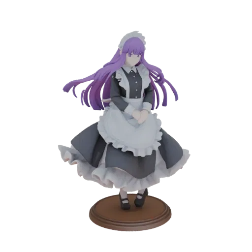 3D model of an anime maid with long purple hair, wearing a black and white uniform and standing on a brown circular base.