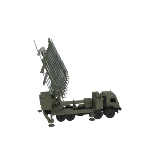 3D model of a green mobile radar system mounted on a truck, with a large radar dish visible.