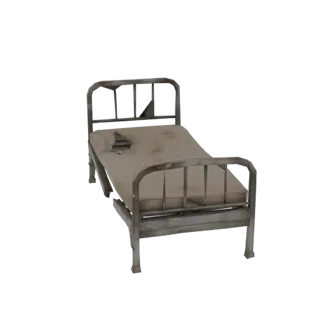 Um modelo 3D de uma cama hospitalar usada com um colchão rasgado e uma estrutura metálica enferrujada, mostrado de um ângulo