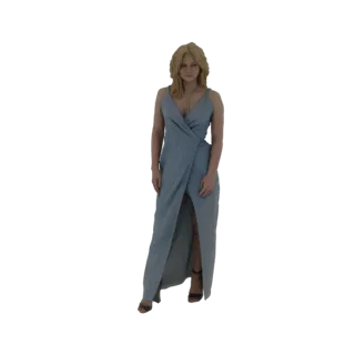Modèle 3D d'une femme portant une robe portefeuille bleu clair élégante à fente haute, sur fond blanc.