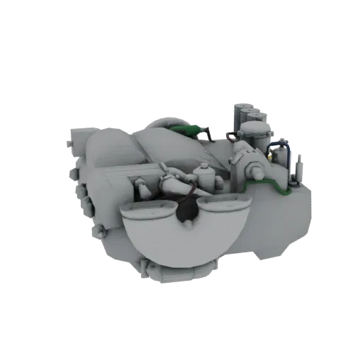 3D-Modell einer komplexen, untexturierten grauen Triebwerksmontage mit komplizierten Leitungen und mechanischen Teilen.