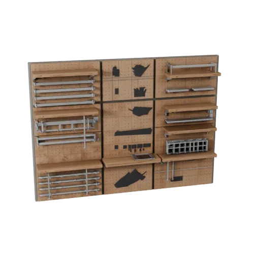 Maker Pegboard Wall Modular 3D model, isometric modular kit view, showing steel frames, stable fixtures.