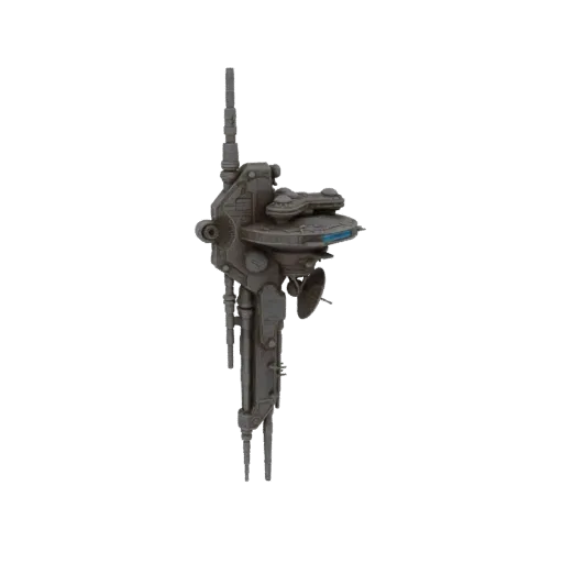 3D model of a detailed, multi-tiered sci-fi communication tower with antennae and mechanical components, set against a black