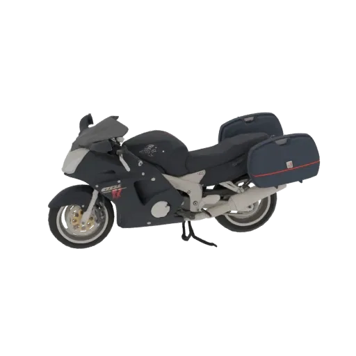 Modelo 3D de uma moto esportiva de turismo cinza escura com alforjes azuis, vista de lado.