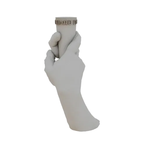3D model of a gray, stylized hand holding a white cylinder with a raised Greek key pattern around its top edge.
