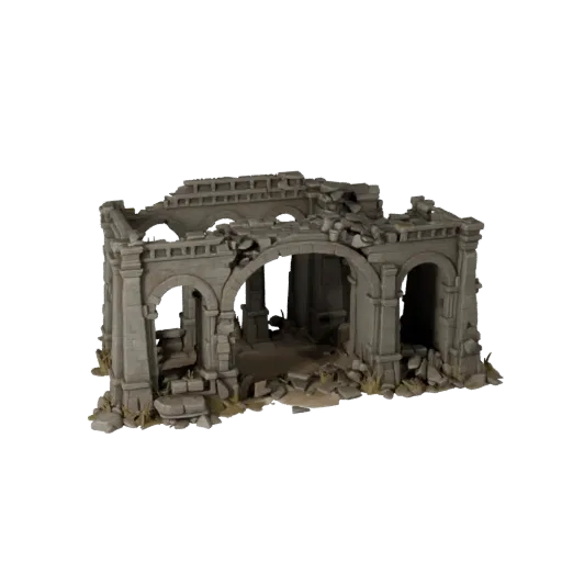 Broken Bridge Ruin Stylized 3D model, stylized isometric environment render, showing aged stone, rock faces.