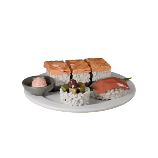 Gourmet Sushi Set 3D model, three-quarter front view, Unity viewport, showing sauces, plated composition.