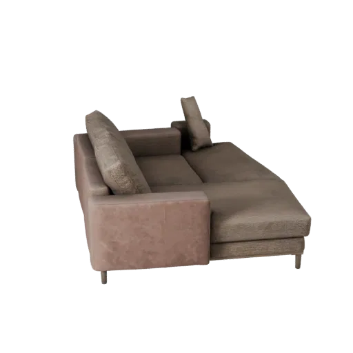 Canapé d'angle avec méridienne, modèle 3D réaliste, salon, rendu studio trois-quarts, détail tissu tissé.