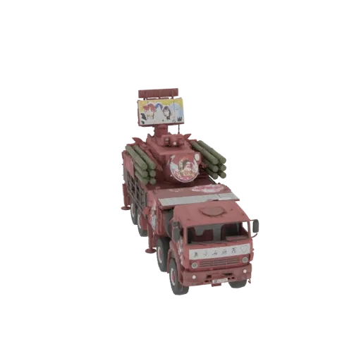3D model of a red truck with a rocket launcher, decorated with anime characters and a large display screen.