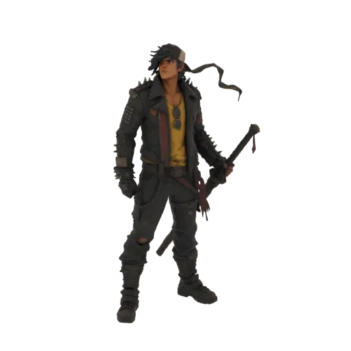 3D model of a punk rocker character with a spiked jacket, ripped jeans, bandana, and a weapon, set against a black background