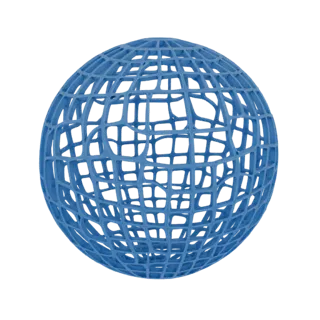 A blue, intricate Gyroid lattice structure forming a hollow sphere against a white background.
