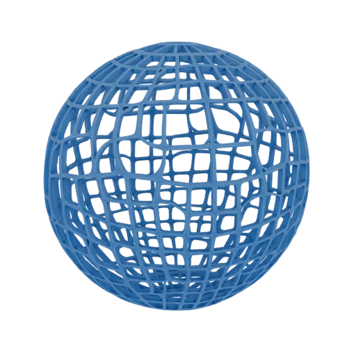 A blue, intricate Gyroid lattice structure forming a hollow sphere against a white background.