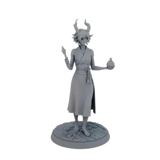 3D model of a fantasy sorceress with horns, holding a glowing orb and a staff, standing on a cobblestone base.