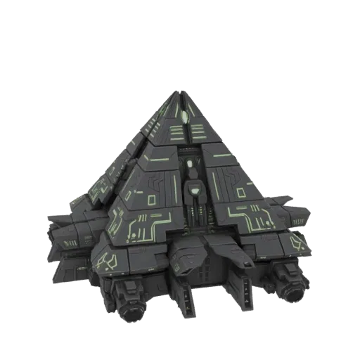 A dark, pyramid-shaped sci-fi spaceship with glowing green technological markings, viewed from a slightly low angle.