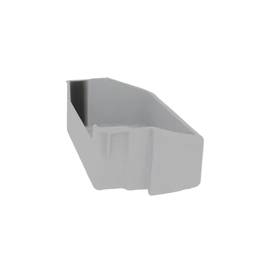 A 3D render of a gray plastic storage bin with a sloped front, isolated on a white background.