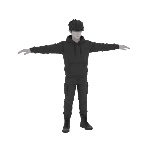 3D model of an anime-style male character with dark hair, wearing a hoodie, cargo pants, and boots, standing in a T-pose agai