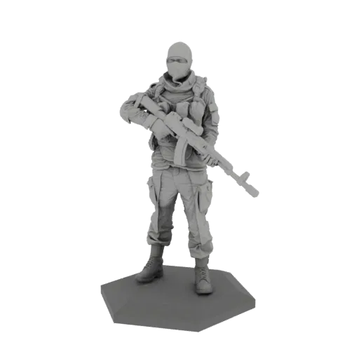 Modèle 3D d'un soldat moderne en équipement tactique, tenant un fusil d'assaut, debout sur une base hexagonale.