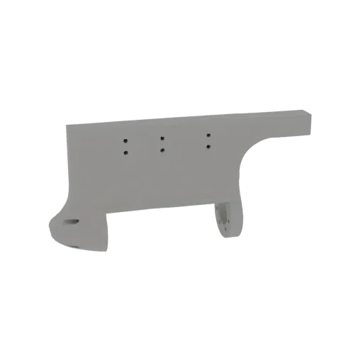 A 3D render of a gray industrial bracket with multiple bolt holes on its vertical face and base.