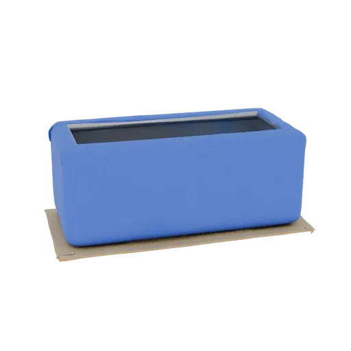 3D model of an open-top blue rectangular storage container on a brown base.