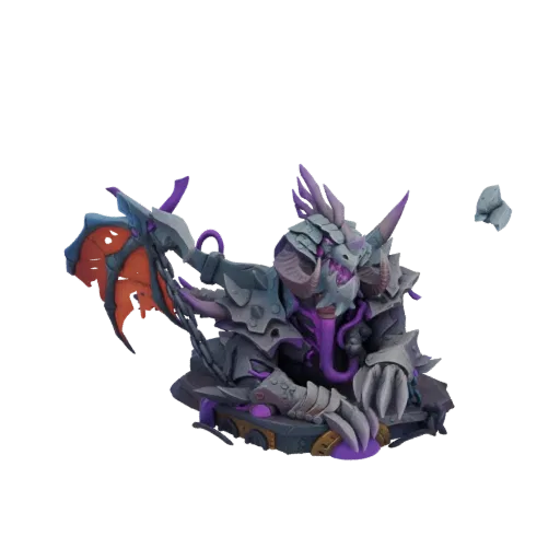 3D model render of the Arisen Onyxia bust, a dragon-like creature in dark armor with purple accents, on a display base.