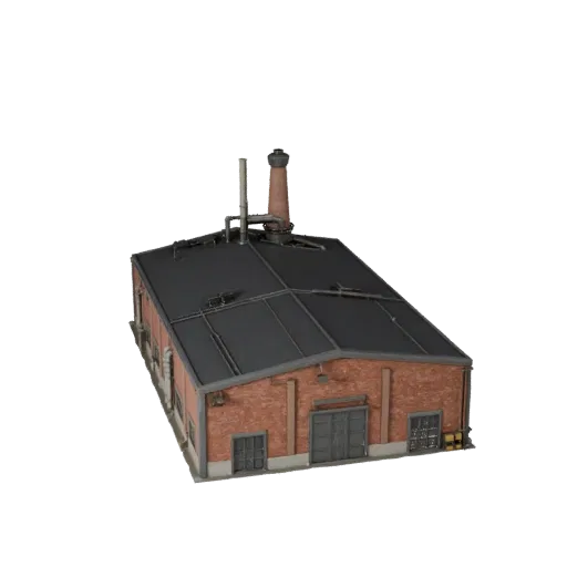 Factory Building low poly 3D model, game-ready exterior view, showing industrial building materials and architectural detail