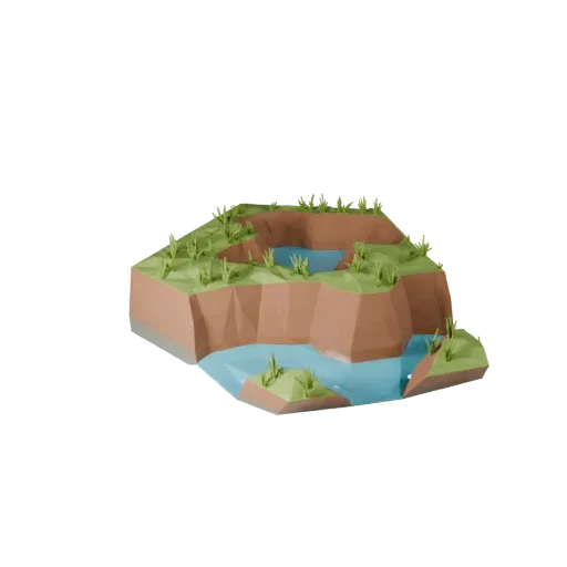 Modello 3D low poly di terreno di palude, vista a tre quarti del viewport di gioco, che mostra pietra bagnata, scaffali di fa