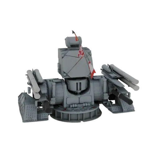 3D model of a grey, heavy automated turret with multiple missile pods and two small flags on top, set against a white backgro