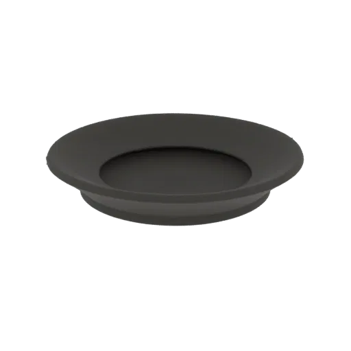 A 3D render of a matte black shallow dish with a minimalist design and a subtle raised rim, set against a black background.