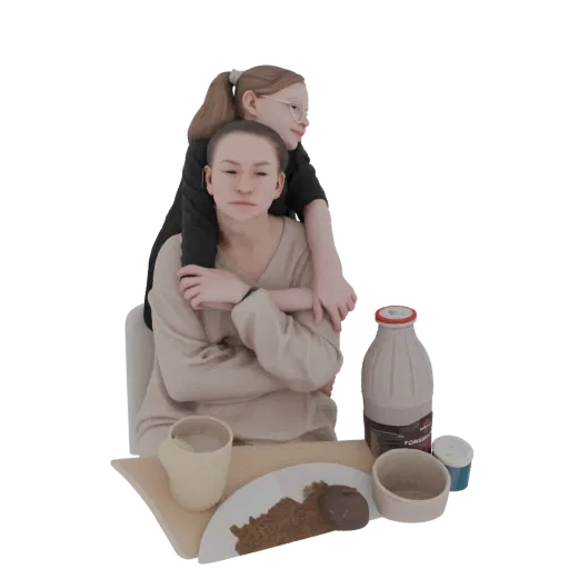 3D model of two young girls hugging, one with arms around the other, rendered in a soft, stylized aesthetic.
